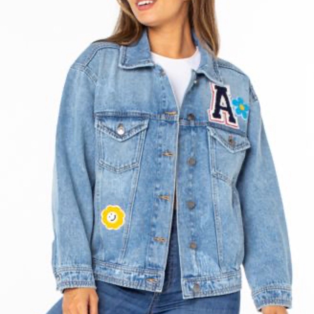 Celebrity Pink Light Blue Denim Jacket with Yellow & Blue Floral Patches